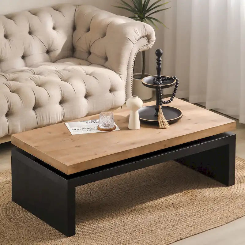 Versatile 2-Tier Coffee Table in Black and Natural Wood for Living Room