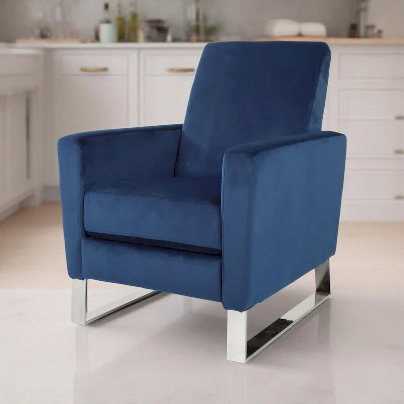 Reki Manual Push Back Recliner Chair - Blue Velvet with Stainless Steel Accents