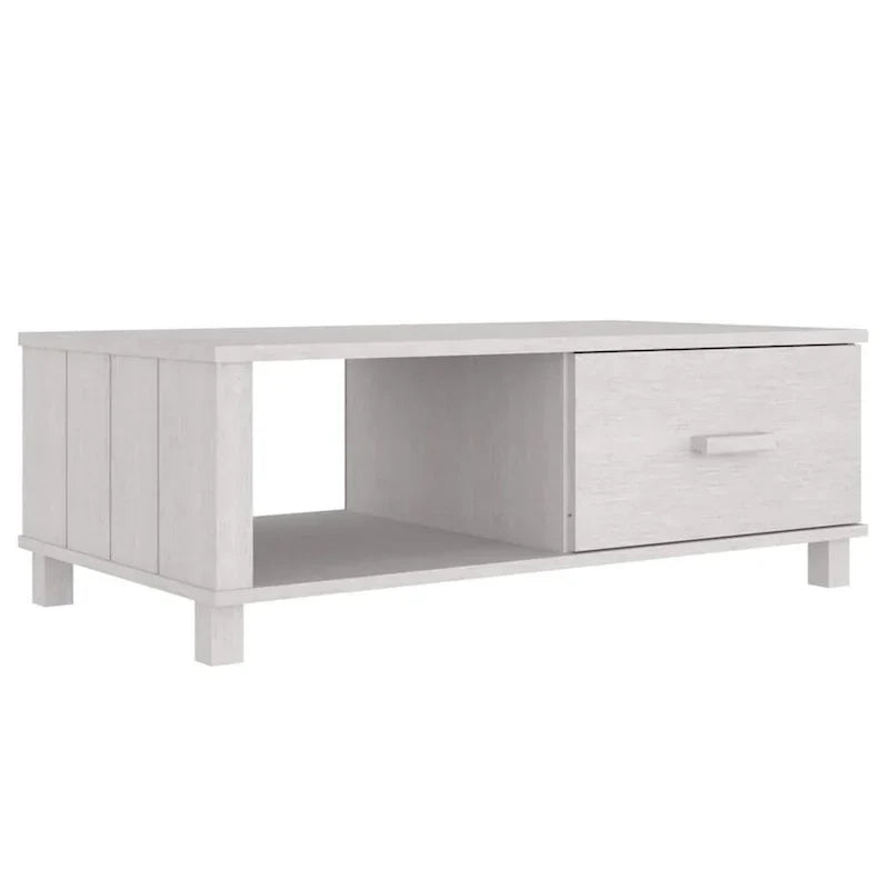 Rectangular White Solid Pine Wood Coffee Table with Storage Drawer