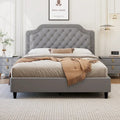 Contemporary Queen Upholstered Bed with Ruched Button-Tufted Headboard, Sturdy Wooden Frame and Metal Base – Box Spring Not Required