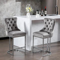 Contemporary Set of 2 Bar Stools with Button-Tufted Back and Studded Trim, Chrome Metal Base - Ideal for Dining Room, Living Room, and Bedroom