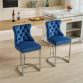 Contemporary Set of 2 Bar Stools with Button-Tufted Back and Studded Trim, Chrome Metal Base - Ideal for Dining Room, Living Room, and Bedroom