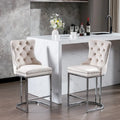 Contemporary Set of 2 Bar Stools with Button-Tufted Back and Studded Trim, Chrome Metal Base - Ideal for Dining Room, Living Room, and Bedroom