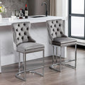 Contemporary Set of 2 Bar Stools with Button-Tufted Back and Studded Trim, Chrome Metal Base - Ideal for Dining Room, Living Room, and Bedroom