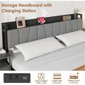 Industrial Black Bed Frame with Storage Headboard, Featuring 2 Spacious Drawers and Built-in Charging Station