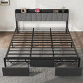 Industrial Black Bed Frame with Storage Headboard, Featuring 2 Spacious Drawers and Built-in Charging Station
