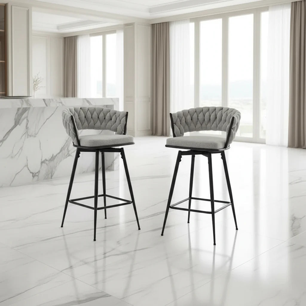 Pair of Swivel Bar Stools with Comfortable Linen Cushions - Counter Height Seating for Kitchen Islands, Dining Areas, or Pubs