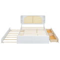 White Queen Size Rattan Bed with Trundle and Dual Storage Drawers