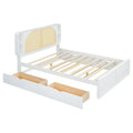 White Queen Size Rattan Bed with Trundle and Dual Storage Drawers