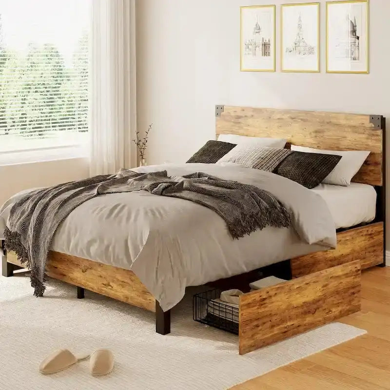 Metal Bed Frame with Wooden Headboard and 4 Storage Drawers