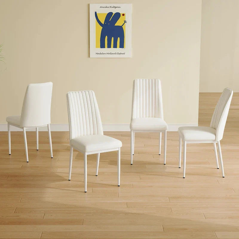 Set of 4 Modern Leather Upholstered Dining Chairs with Vertical Striped Backrest and Metal Legs