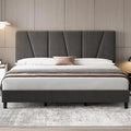 Sturdy Wooden Slat Linen Upholstered Platform Bed Frame
