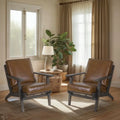 Handcrafted Amber Accent Chair with Slatted Mango Wood, Buffalo Leather Cushions, and Angled Legs