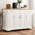 Spacious White Kitchen Island with Wood Drop Leaf, Embossed Texture Rolling Cart Featuring Doors and Drawers for Ample Storage