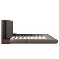 King Gray Upholstered Low Profile Platform Bed with Extended Wood Headboard and Integrated Nightstand Shelves