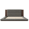 King Gray Upholstered Low Profile Platform Bed with Extended Wood Headboard and Integrated Nightstand Shelves