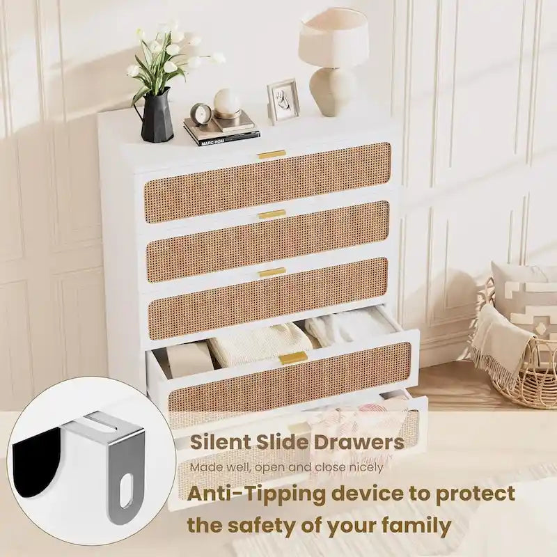 Rattan 5-Drawer Dresser for Bedroom and Hallway