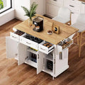 54-Inch Large Kitchen Island with Rubberwood Drop Leaf, Embossed Texture, Rolling Cart on 4 Wheels, Featuring 4 Doors and 3 Drawers