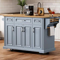 54-Inch Large Kitchen Island with Rubberwood Drop Leaf, Embossed Texture, Rolling Cart on 4 Wheels, Featuring 4 Doors and 3 Drawers