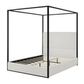 Metal Canopy Platform Bed with Vertical Stripe Upholstered Wingback Headboard - Four Poster, Low Profile Design
