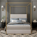 Metal Canopy Platform Bed with Vertical Stripe Upholstered Wingback Headboard - Four Poster, Low Profile Design