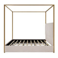 Metal Canopy Platform Bed with Vertical Stripe Upholstered Wingback Headboard - Four Poster, Low Profile Design