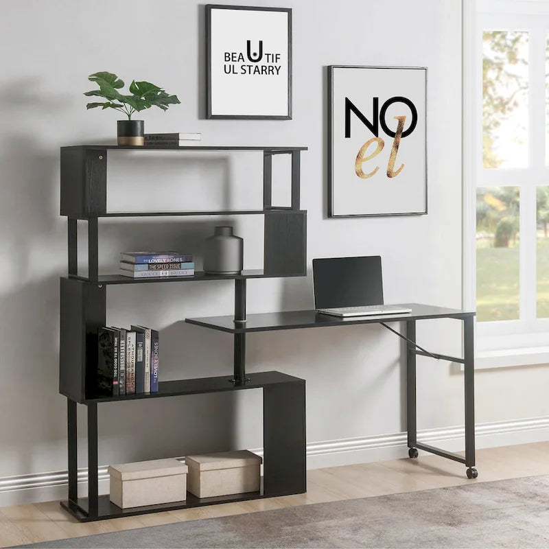 L-Shaped Corner Computer Desk with Rotating Features and 5-Tier Bookshelf for Home Office