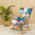 Mid-Century Patchwork Linen Rocking Chair with Wooden Legs