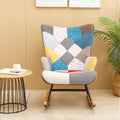 Mid-Century Patchwork Linen Rocking Chair with Wooden Legs