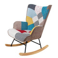 Mid-Century Patchwork Linen Rocking Chair with Wooden Legs