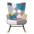 Mid-Century Patchwork Linen Rocking Chair with Wooden Legs