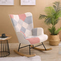 Mid-Century Patchwork Linen Rocking Chair with Wooden Legs