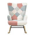 Mid-Century Patchwork Linen Rocking Chair with Wooden Legs