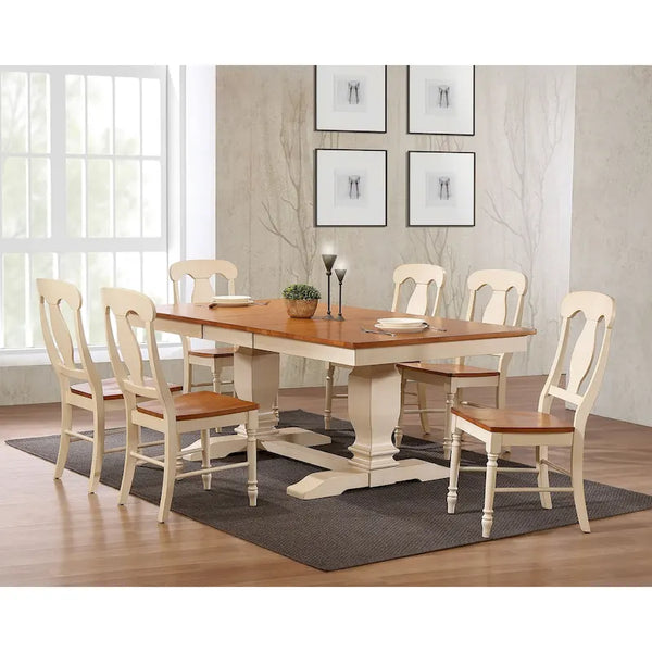 7-Piece Transitional Dining Set with Double Pedestal and Antiqued Caramel/Biscotti Napoleon Back