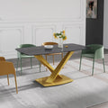 63-Inch Contemporary Dining Table with Slate Stone Surface and Metal Legs, Marble Finish