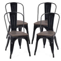 Set of 4 Stackable Bistro Cafe Dining Chairs with Metal Frame and Wooden Seat - Details Inside