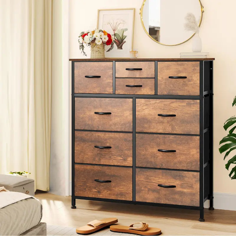 Moasis Rustic Wood-Style Bedroom Dresser with Metal Frame and Wooden Surface