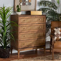 Ramiel Mid-Century Modern 4-Drawer Chest in Ash Walnut with Rattan Accents