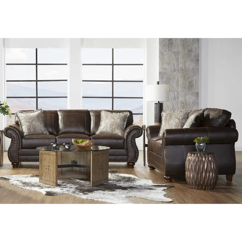 Roundhill Furniture Leinster Espresso Fabric Upholstered Sofa and Loveseat Set with Nailhead Trim
