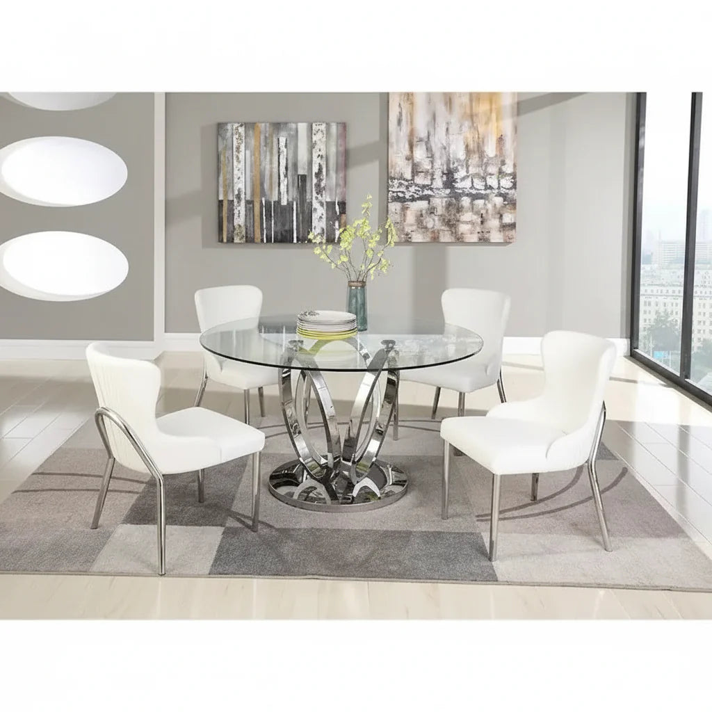 Round Dining Table with Glass Top and Steel Base