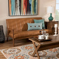 Nikko Tan Faux Leather Sofa with Walnut-Finished Wood Accents