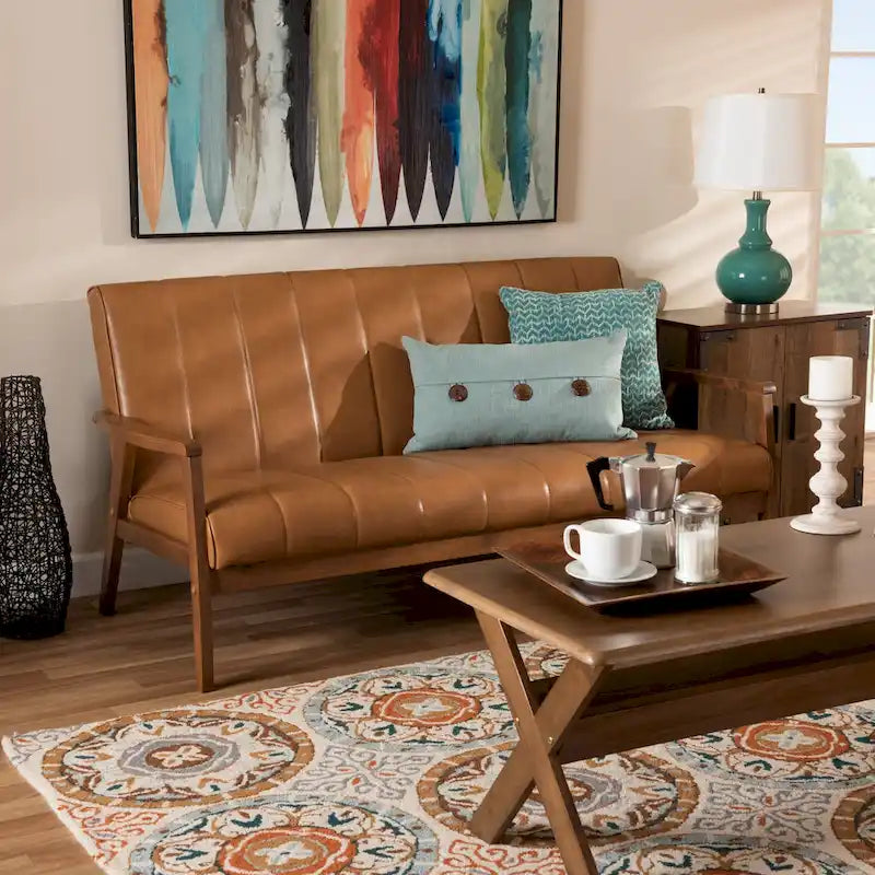 Nikko Tan Faux Leather Sofa with Walnut-Finished Wood Accents