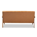 Nikko Tan Faux Leather Sofa with Walnut-Finished Wood Accents