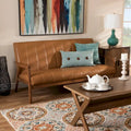 Nikko Tan Faux Leather Sofa with Walnut-Finished Wood Accents
