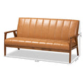 Nikko Tan Faux Leather Sofa with Walnut-Finished Wood Accents