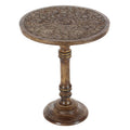Intricately Carved Dark Brown Mango Wood Accent Table with Elephant or Floral Design and Turned Base - Roche River Decor