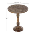 Intricately Carved Dark Brown Mango Wood Accent Table with Elephant or Floral Design and Turned Base - Roche River Decor