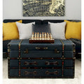 Roche River Decor Faux Leather or Linen Fabric Coffee Table Trunk with 2 Drawers and Buckle Hinged Top - Available in Dark Blue or Brown