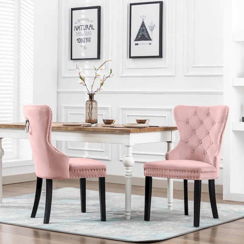Set of 2 Grandview Tufted Upholstered Dining Chairs with Nailhead Trim and Ring Pull