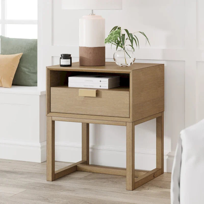 Nathan James Luke Wooden End Table with Storage Drawer and Open Cubby